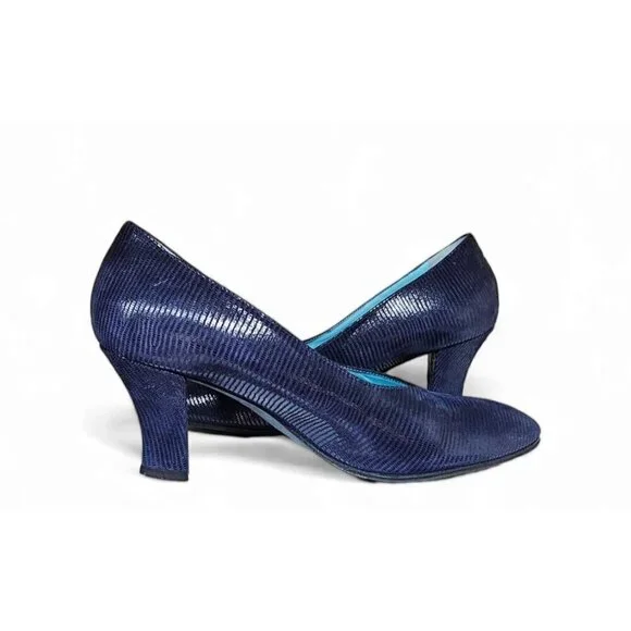 thierry rabotin navy blue ribbed leather pump 3" heel wide EU37 1/2 US7 - Picture 2 of 12